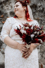 Babyonlines Plus Size Short Sleeves V-neck Wedding Dresses with Lace Applique