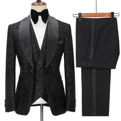 Popular Black Three-Piece Groomsmen Tuxedo with Sparkly Shawl Lapel