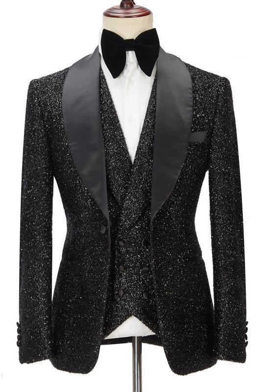 Popular Black Three-Piece Groomsmen Tuxedo with Sparkly Shawl Lapel