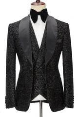 Popular Black Three-Piece Groomsmen Tuxedo with Sparkly Shawl Lapel