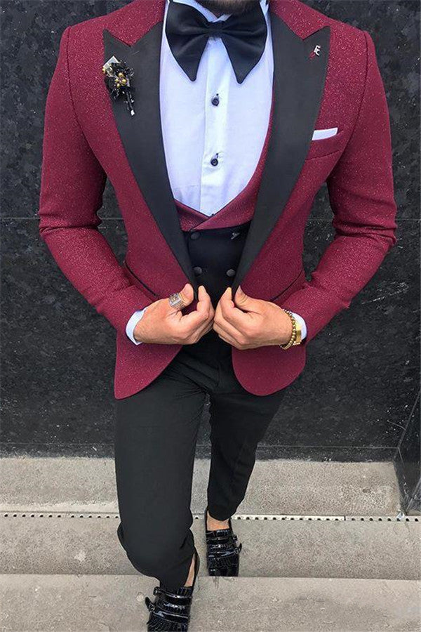 Popular Burgundy Three-Piece Groomsmen Suit with Peaked Lapel
