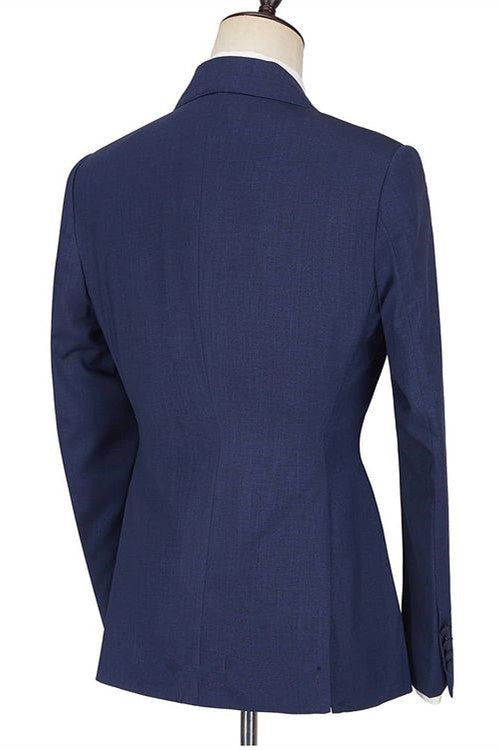 Popular Dark Navy Homecoming Evening Suit with Peaked Lapel and Ruffles
