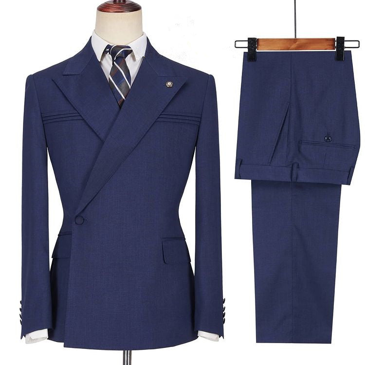 Popular Dark Navy Homecoming Evening Suit with Peaked Lapel and Ruffles