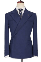 Popular Dark Navy Homecoming Evening Suit with Peaked Lapel and Ruffles