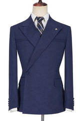 Popular Dark Navy Homecoming Evening Suit with Peaked Lapel and Ruffles