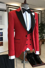 Popular Red Three-Piece Wedding Suit with Black Peaked Lapel for 2024