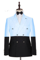 Popular Sky Blue Double-Breasted Groomsmen Tuxedo with Peaked Lapel