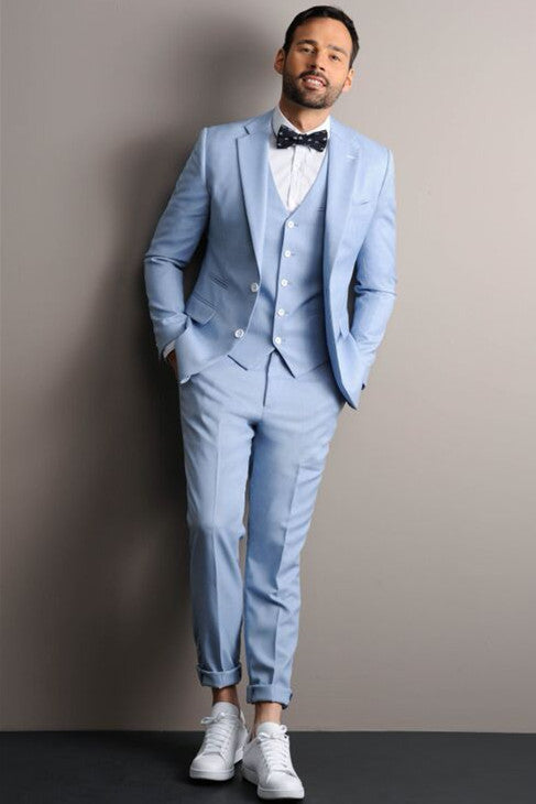 Popular Sky Blue Three-Piece Groom Suit with Notched Lapel for Prom