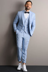 Popular Sky Blue Three-Piece Groom Suit with Notched Lapel for Prom