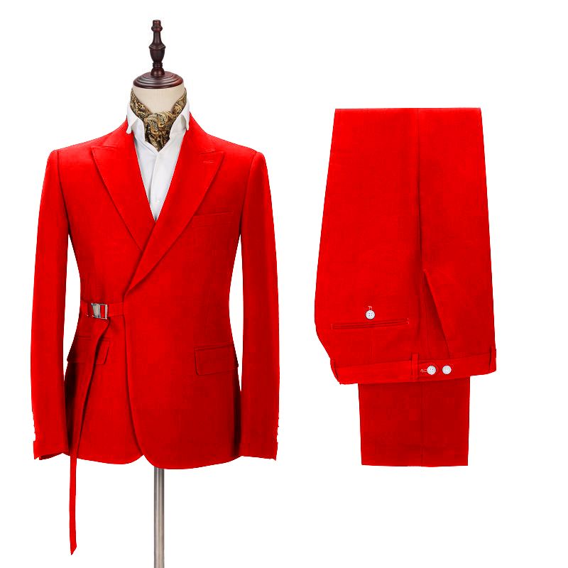 Popular Slim Fit Bright Red Peak Lapel Summer Wedding Suit with Buckle Button