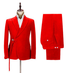 Popular Slim Fit Bright Red Peak Lapel Summer Wedding Suit with Buckle Button