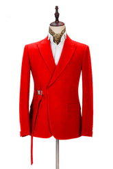 Popular Slim Fit Bright Red Peak Lapel Summer Wedding Suit with Buckle Button