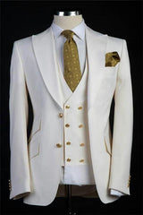 Popular Three-Piece White Wedding Suit with Gold Buttons for Men's Events