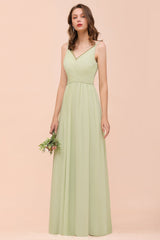 Popular V-Neck Sage Chiffon Affordable Bridesmaid Dress with Low Back-Babyonlines