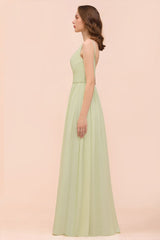 Popular V-Neck Sage Chiffon Affordable Bridesmaid Dress with Low Back-Babyonlines