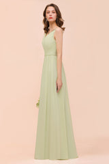Popular V-Neck Sage Chiffon Affordable Bridesmaid Dress with Low Back-Babyonlines