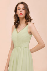 Popular V-Neck Sage Chiffon Affordable Bridesmaid Dress with Low Back-Babyonlines