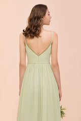 Popular V-Neck Sage Chiffon Affordable Bridesmaid Dress with Low Back-Babyonlines