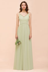 Popular V-Neck Sage Chiffon Affordable Bridesmaid Dress with Low Back-Babyonlines