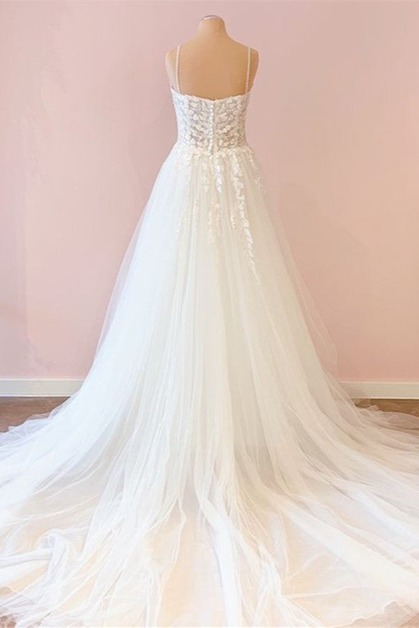 Pretty A-Line Spaghetti Strap Sweetheart Tulle Wedding Dress with Lace Appliques