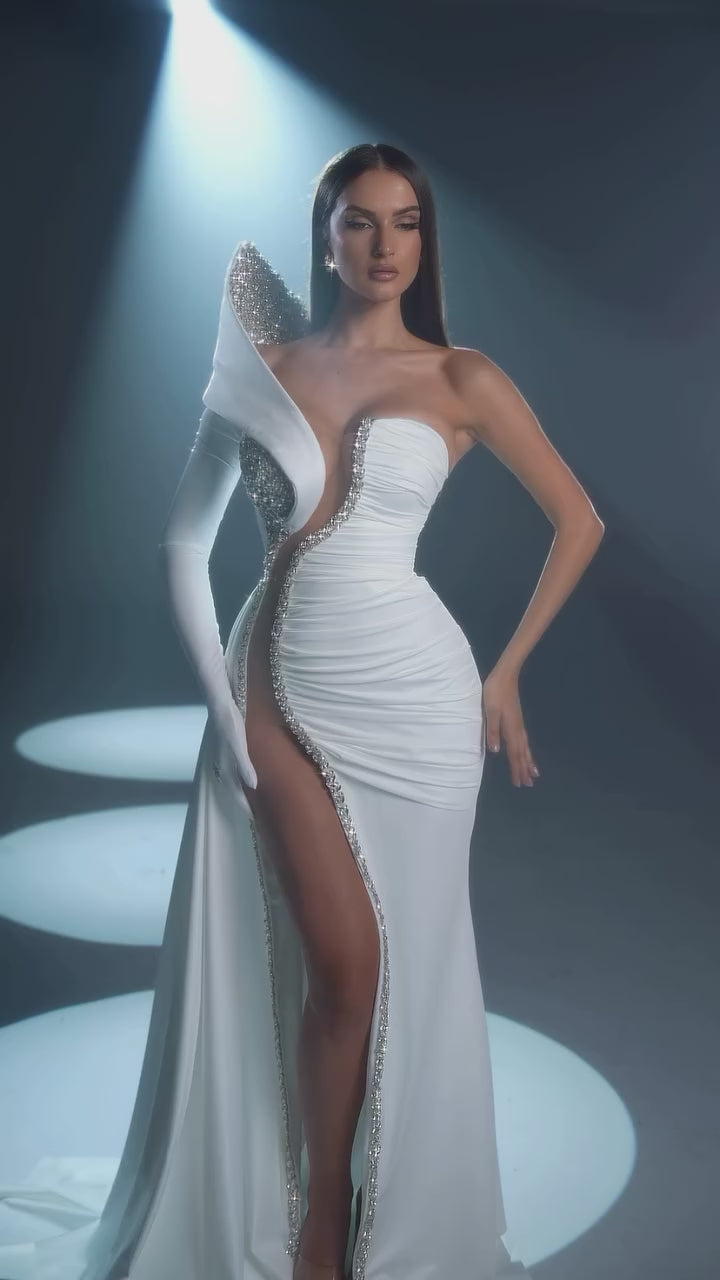 Sexy White One-Shoulder Prom Dress with Long Mermaid and High Slit