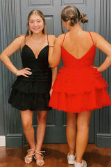 Princess A-Line Black Tiered Tulle Short Party Dress