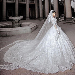 Princess Beaded Applique Long Wedding Dress with Sleeves and Tulle