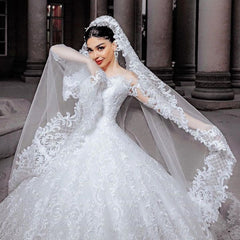 Princess Beaded Applique Long Wedding Dress with Sleeves and Tulle