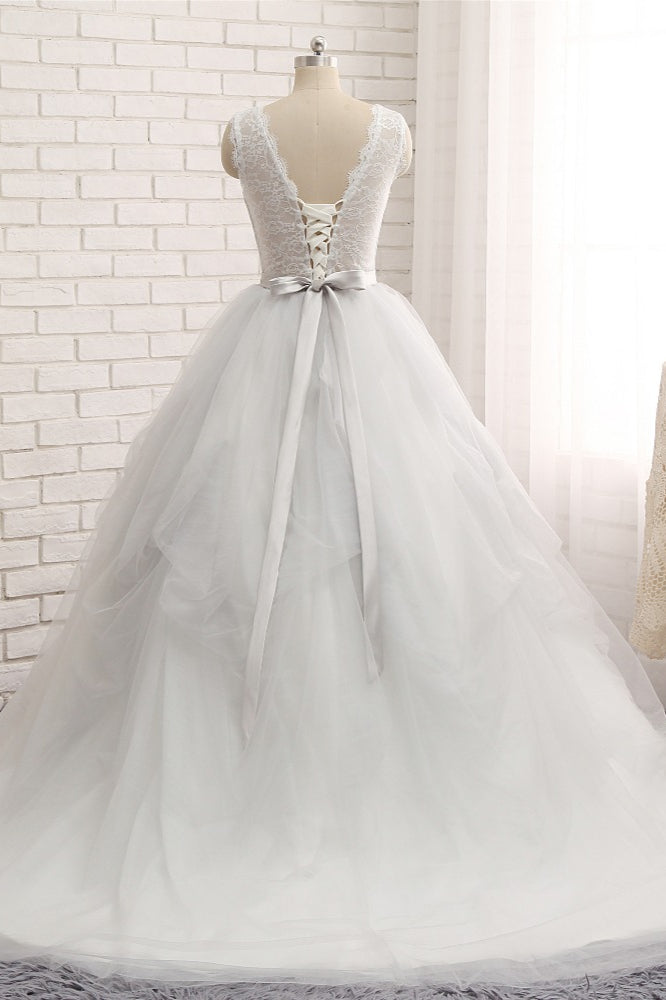 Princess Jewel Neck Long Wedding Dress with Tulle Lace