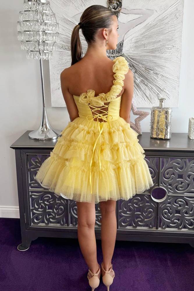 Princess Yellow One Shoulder Knotted Ruffle Short Party Dress