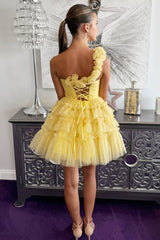 Princess Yellow One Shoulder Knotted Ruffle Short Party Dress