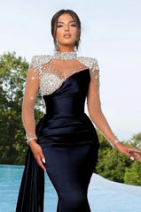 Purple Long Sleeve Mermaid Satin Long Prom Dress with Beading