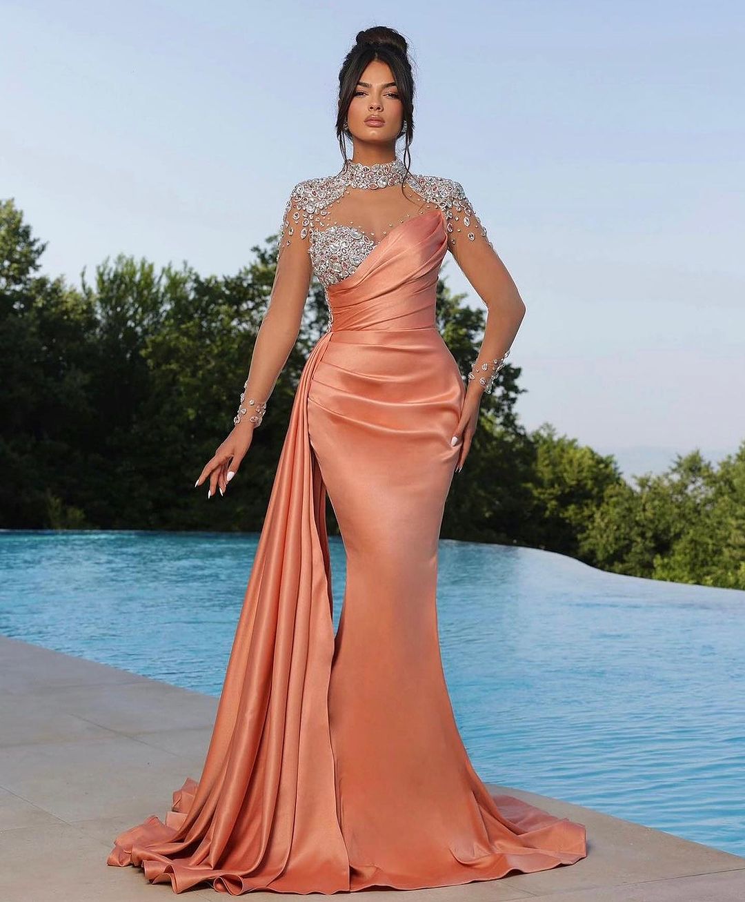 Purple Long Sleeve Mermaid Satin Long Prom Dress with Beading