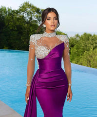 Purple Long Sleeve Mermaid Satin Long Prom Dress with Beading