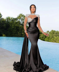 Purple Long Sleeve Mermaid Satin Long Prom Dress with Beading