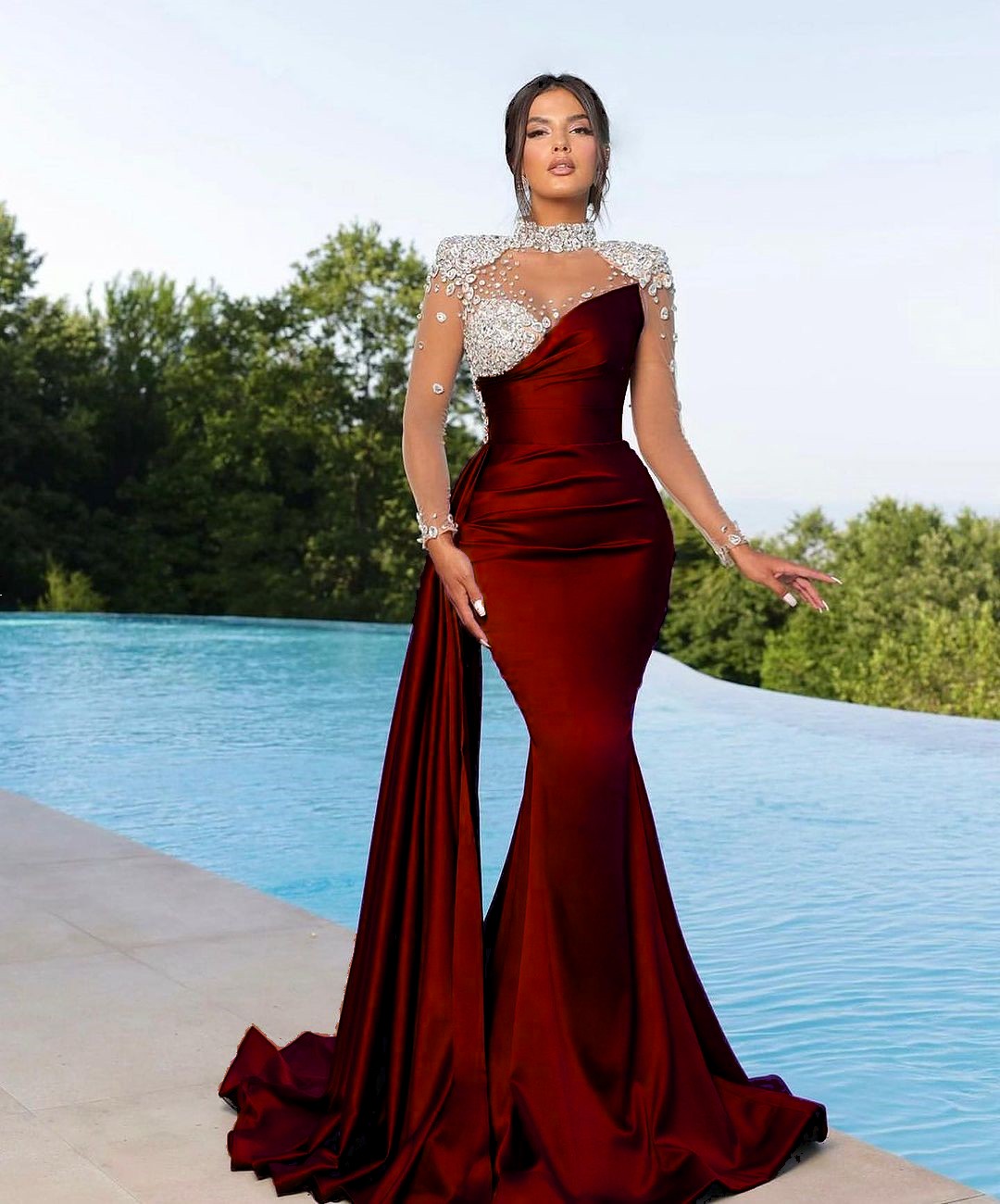 Purple Long Sleeve Mermaid Satin Long Prom Dress with Beading