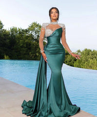 Purple Long Sleeve Mermaid Satin Long Prom Dress with Beading