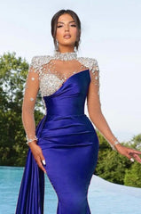 Purple Long Sleeve Mermaid Satin Long Prom Dress with Beading