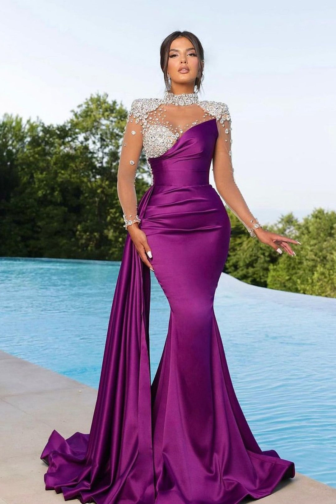 Purple Long Sleeve Mermaid Satin Long Prom Dress with Beading
