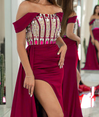 Simple Strapless Long Prom Dress with Beading and Side Split