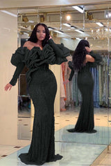 Purple Bubble Sleeve Strapless Long Prom Dress with Sequins Beading