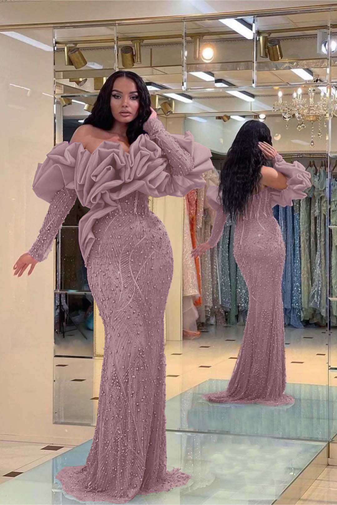 Purple Bubble Sleeve Strapless Long Prom Dress with Sequins Beading