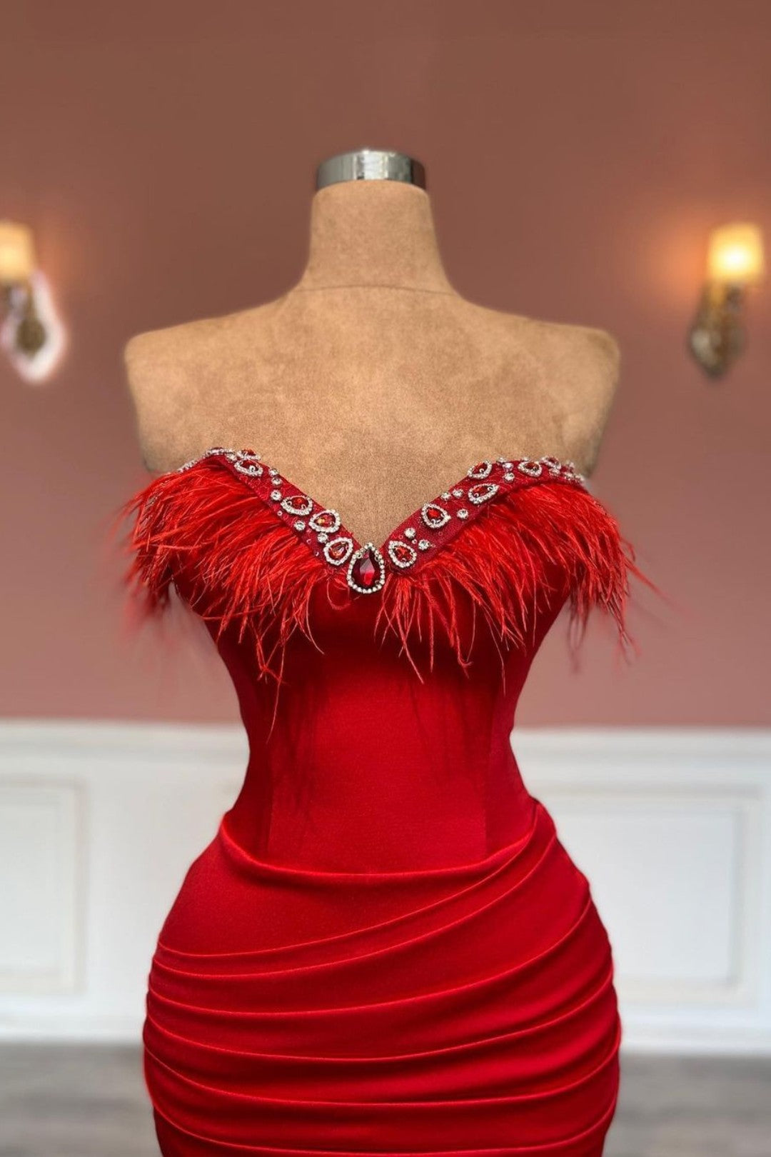 Red Sweetheart Satin Long Prom Dress with Feather