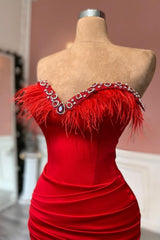 Red Sweetheart Satin Long Prom Dress with Feather