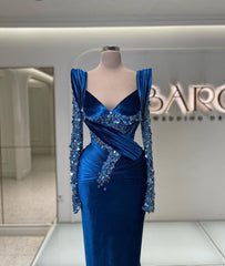 Royal Blue Long Sleeve Mermaid Prom Dress with Beading