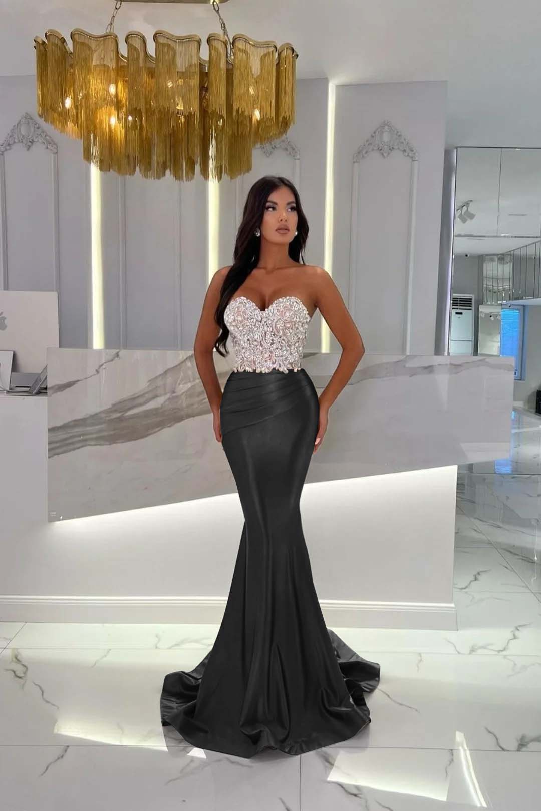 Sweetheart Strapless Satin Mermaid Prom Dress with Rhinestone