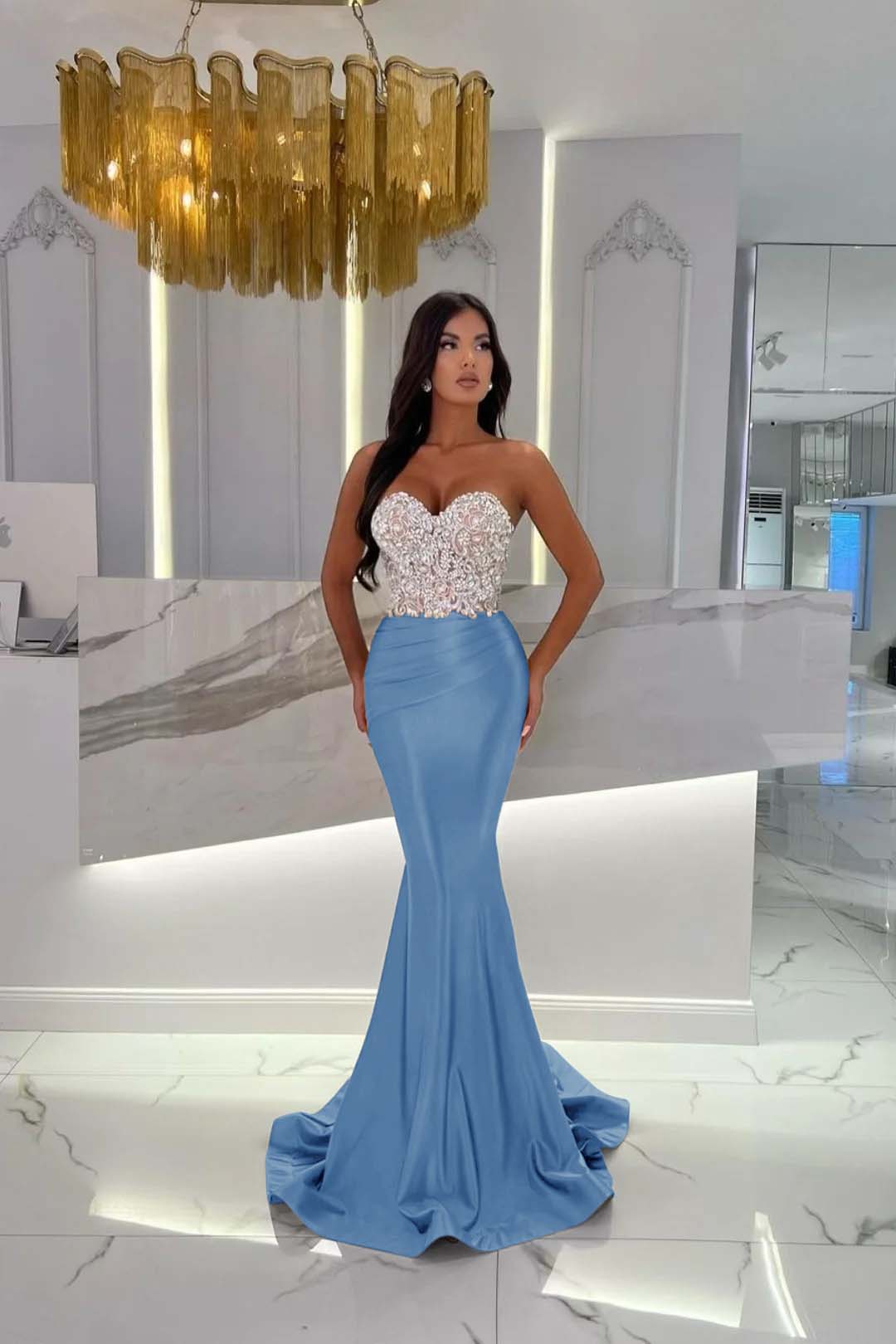 Sweetheart Strapless Satin Mermaid Prom Dress with Rhinestone