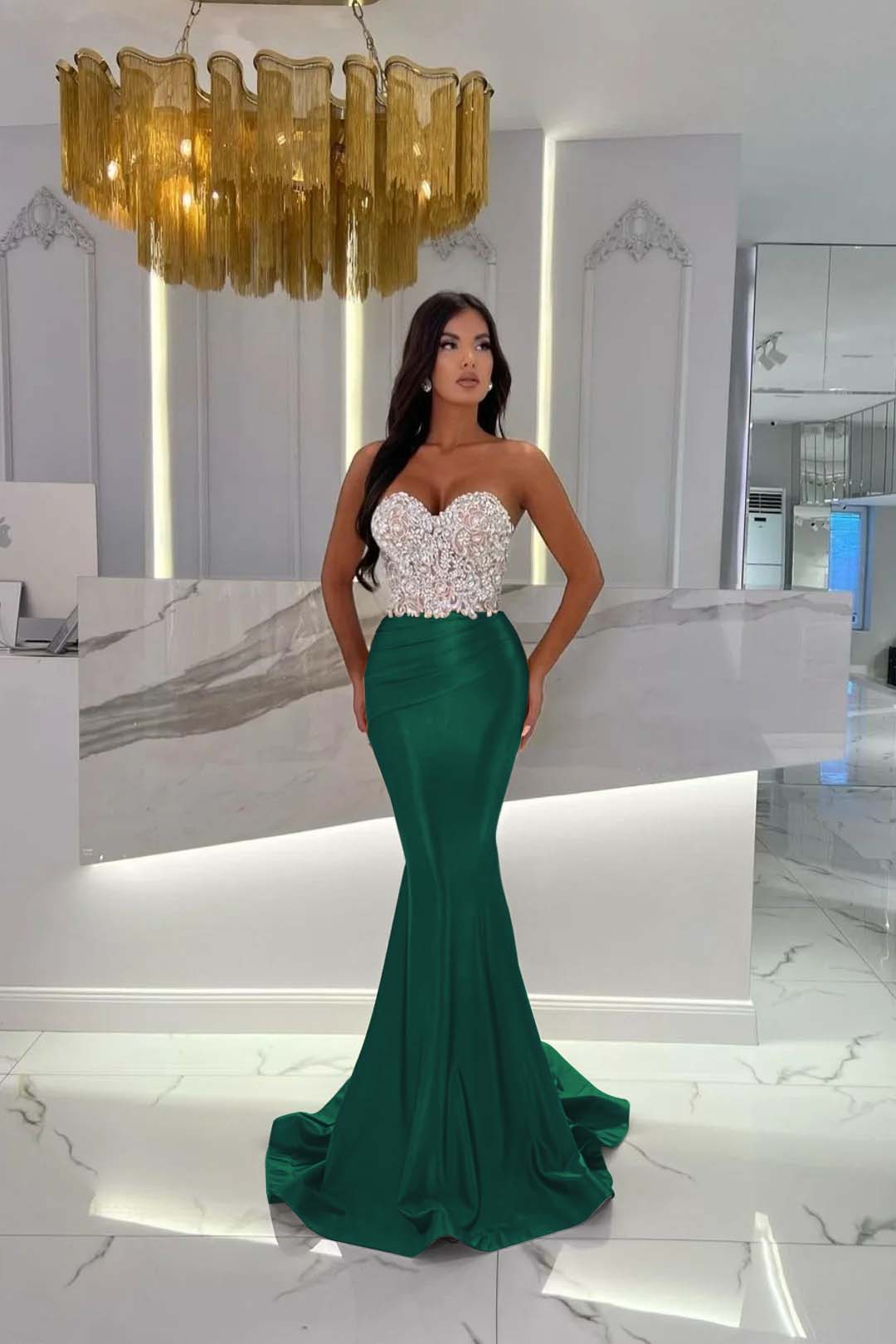 Sweetheart Strapless Satin Mermaid Prom Dress with Rhinestone