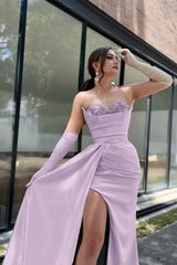 Champagne Sweetheart Prom Dress with High Split and Gloves