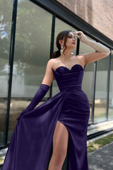 Champagne Sweetheart Prom Dress with High Split and Gloves